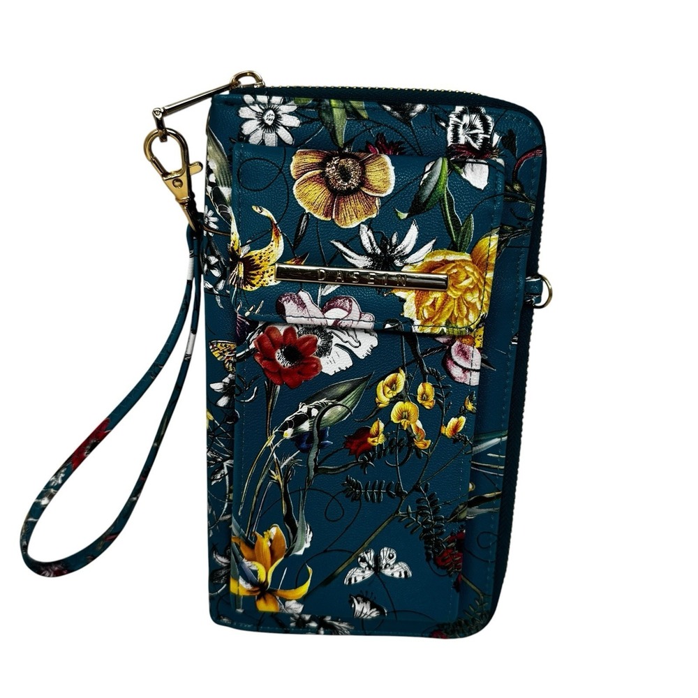 Dasein Floral Wristlet Bag Green Faux Leather‎ Wrist Strap Pebbled Wallet Purse